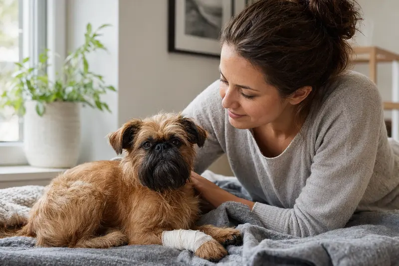 Ein Griffon Belge Hund mit leichtem Verband an der Pfote liegt entspannt auf einer Decke, während sein Besitzer neben ihm sitzt und erleichtert wirkt.