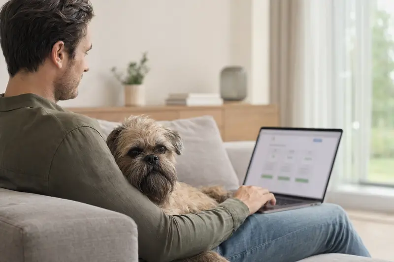 Ein Hundebesitzer arbeitet mit einem Laptop auf dem Sofa, während ein Griffon Belge daneben sitzt und eine Versicherungsvergleichs-Oberfläche auf dem Bildschirm angezeigt wird.