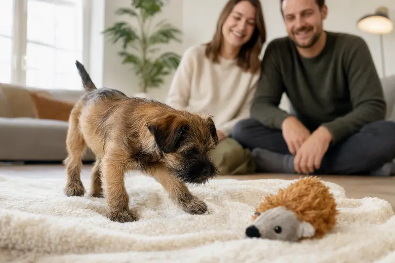 Ein neugieriger Griffon Belge Welpe erkundet sein neues Zuhause mit weicher Decke und Spielzeug, während eine liebevolle Familie im Hintergrund steht.
