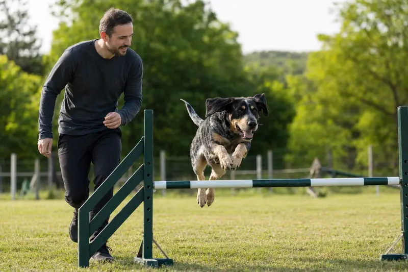 Ein Griffon Bleu de Gascogne springt mit seinem Besitzer über eine kleine Trainingshürde auf dem Hundeplatz.