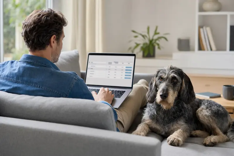 Ein Hund und sein Besitzer nutzen einen Laptop zur Auswahl der passenden Tierversicherung in einer hellen Wohnung.