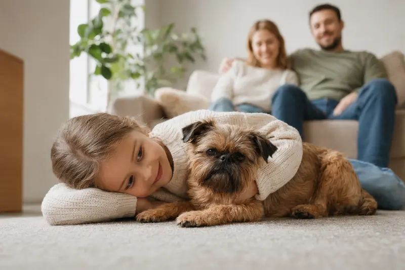 Ein Griffon Bruxellois liegt entspannt neben einem Kind im Wohnzimmer, während die Eltern im Hintergrund eine sichere Familienatmosphäre schaffen.