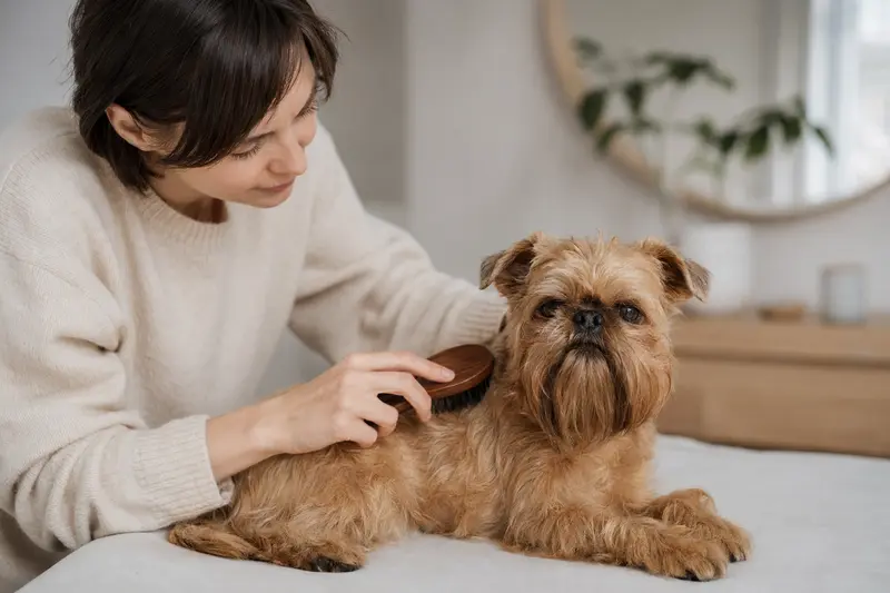 Ein Griffon Bruxellois wird zuhause sanft gebürstet, während sich sein Besitzer liebevoll um die Fellpflege kümmert.