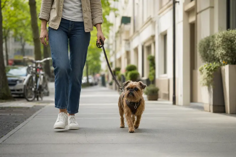 Ein Griffon Bruxellois läuft an der Leine mit seinem Besitzer durch eine freundliche moderne Stadtstraße.