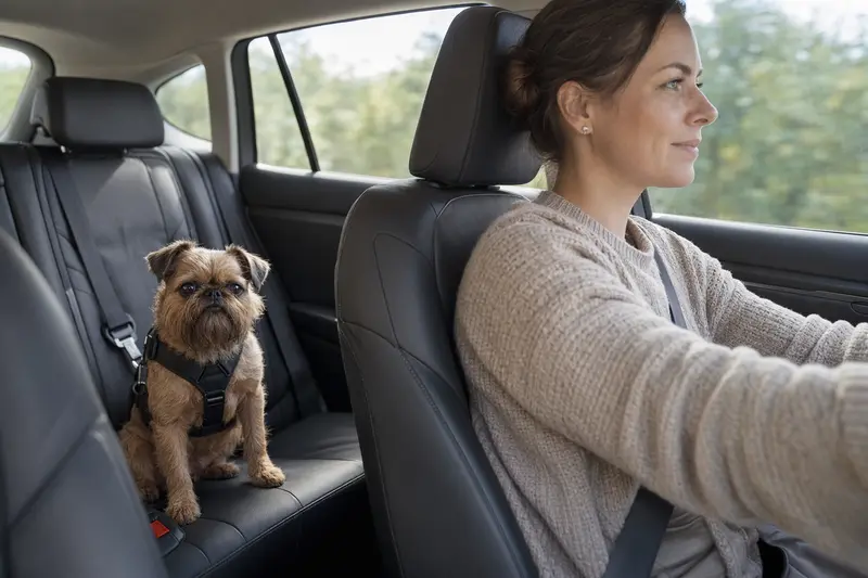 Ein Griffon Bruxellois Hund ist sicher angeschnallt auf der Rückbank eines Autos während der Besitzer fährt.