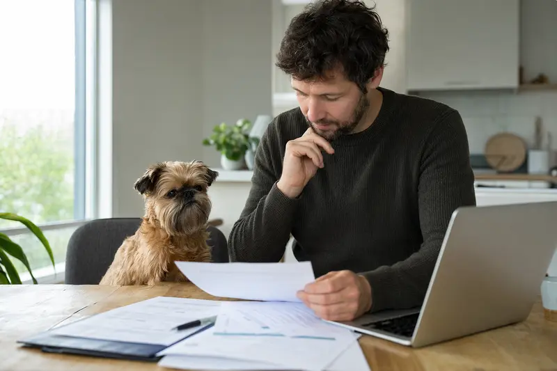 Ein Griffon Bruxellois Hund sitzt entspannt neben seinem Besitzer am Küchentisch, während Versicherungsunterlagen und ein Laptop auf dem Tisch liegen.