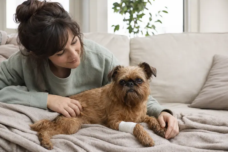Ein Griffon Bruxellois Hund mit Verband an der Pfote entspannt neben seinem Besitzer auf einer Decke.