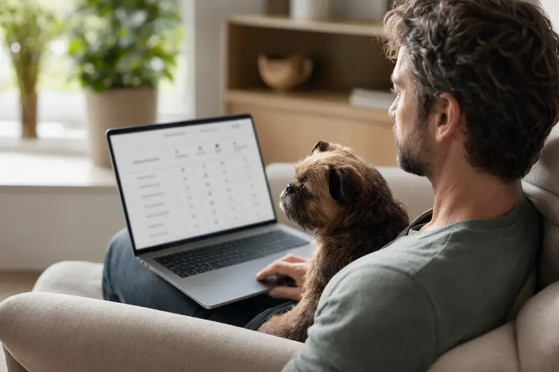 Ein Hund sitzt neben seinem Besitzer, der am Laptop auf dem Sofa sitzt und einen Versicherungsvergleich für Haustiere anschaut.