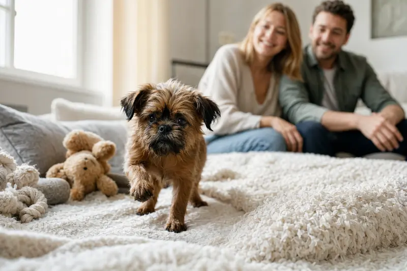 Ein neugieriger Griffon Bruxellois Welpe erkundet sein neues Zuhause mit einer weichen Decke und Spielzeug, während eine liebevolle Familie im Hintergrund zu sehen ist.