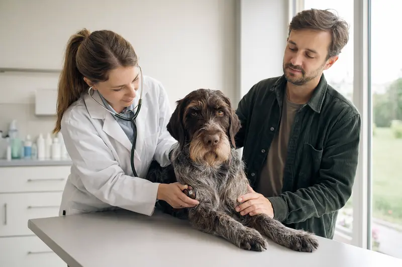 Ein Griffon d'arrêt à poil dur Hund wird von einer Tierärztin in einer modernen Praxis sanft mit einem Stethoskop untersucht.