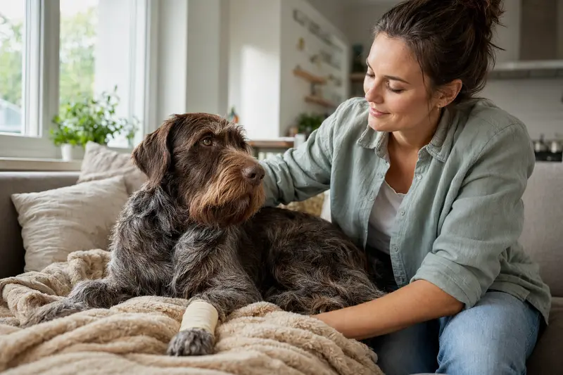 Ein Griffon d'arrêt à poil dur Hund mit leichtem Verband an der Pfote entspannt auf einer Decke, während sein Besitzer erleichtert daneben sitzt.