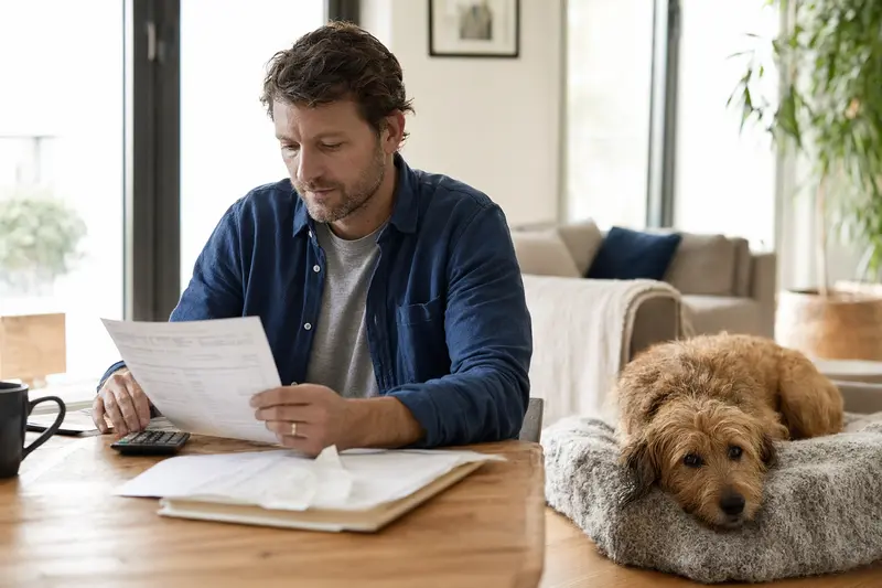 Ein Hundebesitzer sitzt mit einer Tierarztrechnung am Tisch, während sein Griffon Fauve de Bretagne entspannt auf einer Decke liegt.