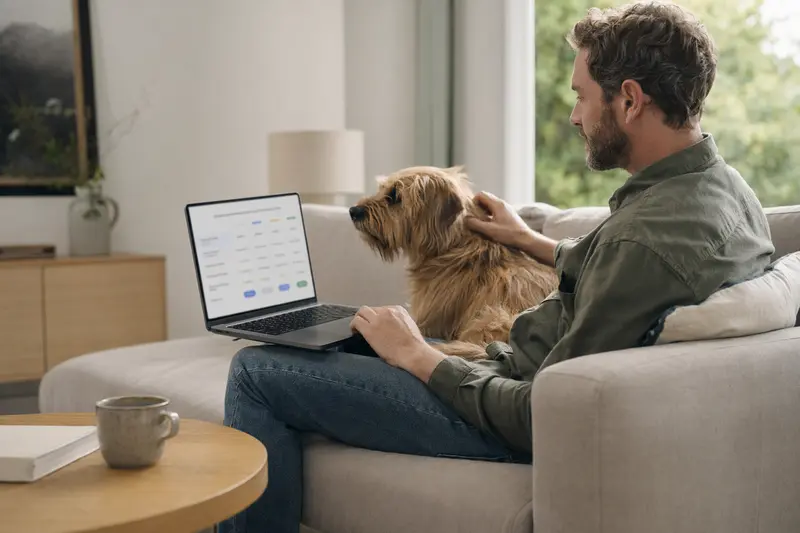 Ein Besitzer arbeitet am Laptop auf dem Sofa, während sein Griffon Fauve de Bretagne Hund neben ihm sitzt und eine neutrale Versicherungsvergleichs-Oberfläche unscharf im Hintergrund sichtbar ist.
