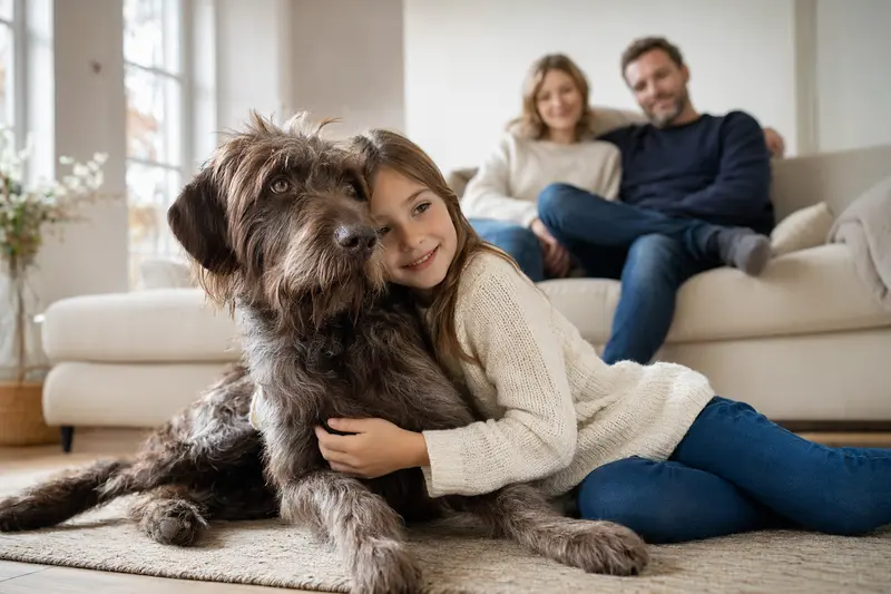 Ein Griffon Korthals liegt entspannt neben einem Kind im Wohnzimmer, während die Eltern im Hintergrund eine sichere Familienatmosphäre schaffen.