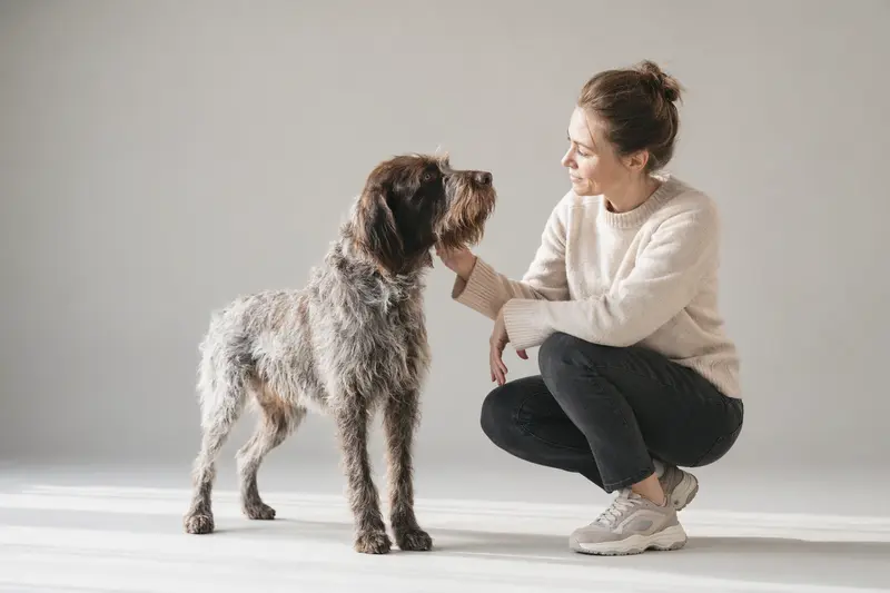 Ein aufmerksamer Griffon Korthals steht vor hellem Hintergrund in natürlicher Haltung und wird als hochwertiges Hundeportrait gezeigt.