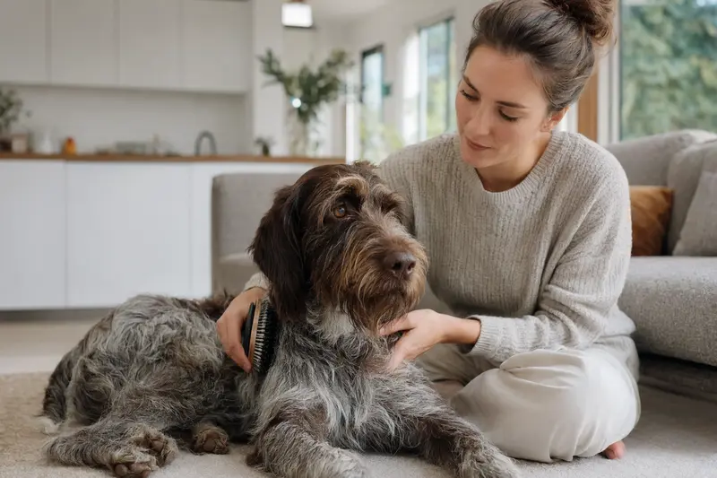 Ein Griffon Korthals wird in einer hellen Wohnung sanft gebürstet, während sich der Besitzer liebevoll um die Fellpflege kümmert.