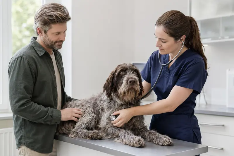 Ein Griffon Korthals Hund wird von einer freundlichen Tierärztin mit einem Stethoskop in einer modernen Tierarztpraxis untersucht, während sein Besitzer beruhigend danebensteht.