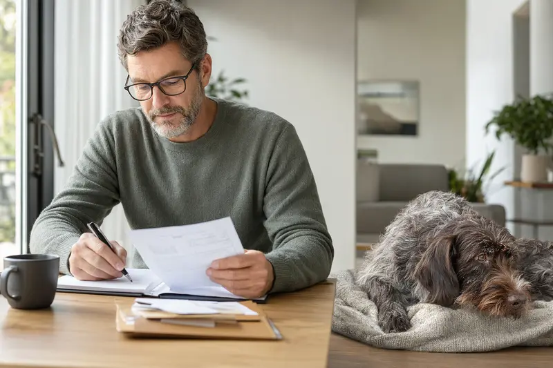 Ein Besitzer sitzt ruhig am Tisch neben einer Tierarztrechnung, während ein Griffon Korthals entspannt auf einer Decke liegt, passend zum Thema Hundekrankenversicherung.