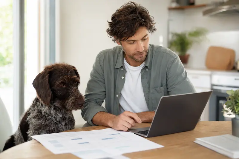 Ein Griffon Korthals Hund sitzt neben seinem Besitzer am Küchentisch, auf dem Versicherungsunterlagen und ein Laptop mit einer Vergleichsseite liegen.