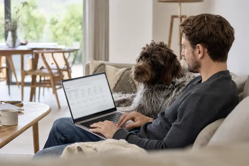 Ein Besitzer arbeitet am Laptop auf dem Sofa, während sein Griffon Korthals Hund entspannt daneben liegt, was eine sichere und informierte Entscheidung über Tierversicherungen symbolisiert.