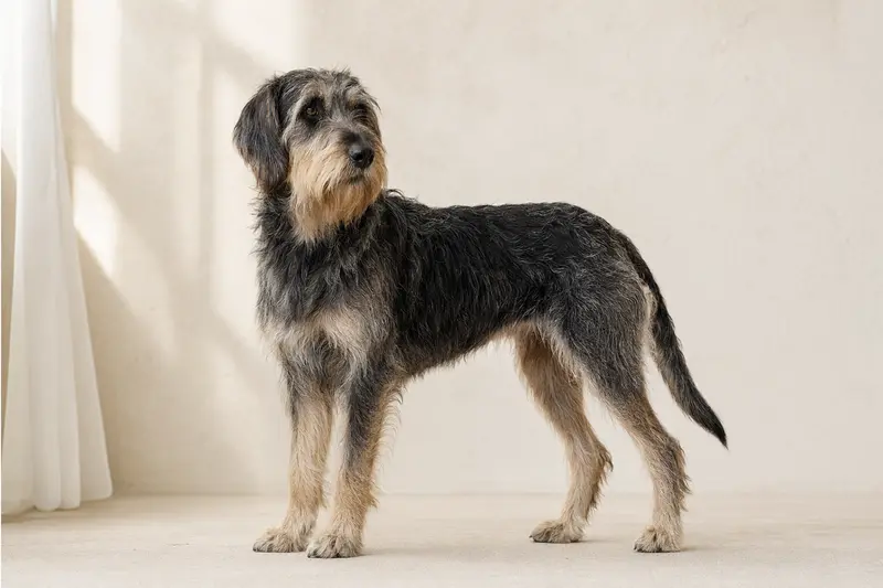 Ein Griffon Nivernais Hund steht aufmerksam in natürlicher Haltung vor hellem Hintergrund.