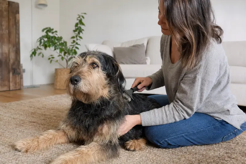 Ein Griffon Nivernais wird in einer hellen Wohnung sanft gebürstet, während sein Besitzer die Fellpflege aufmerksam und liebevoll übernimmt.