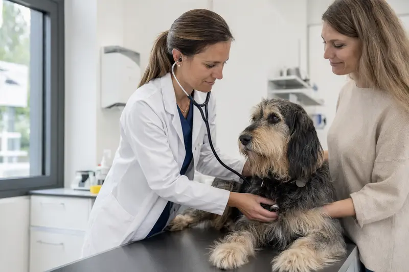 Ein Griffon Nivernais Hund wird von einer freundlichen Tierärztin auf einem Untersuchungstisch in einer modernen Tierarztpraxis untersucht.