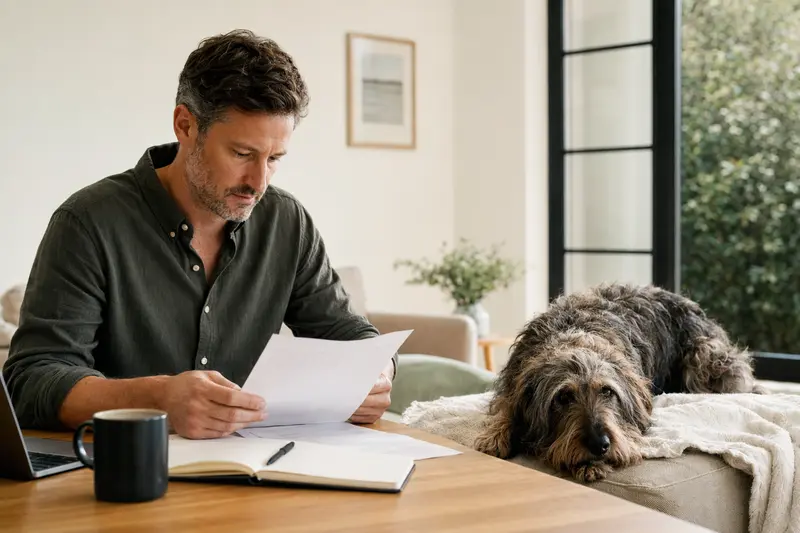 Ein Hundebesitzer sitzt mit einer Tierarztrechnung am Tisch, während ein entspannter Griffon Nivernais auf einer Decke liegt – ein realistisches Bild zum Thema Hundekrankenversicherung.