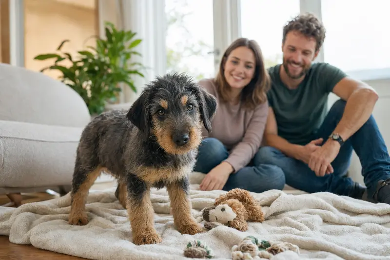 Ein junger Griffon Nivernais Welpe erkundet neugierig sein neues Zuhause mit einer weichen Decke und Spielzeug, während die liebevolle Familie im Hintergrund zu sehen ist.