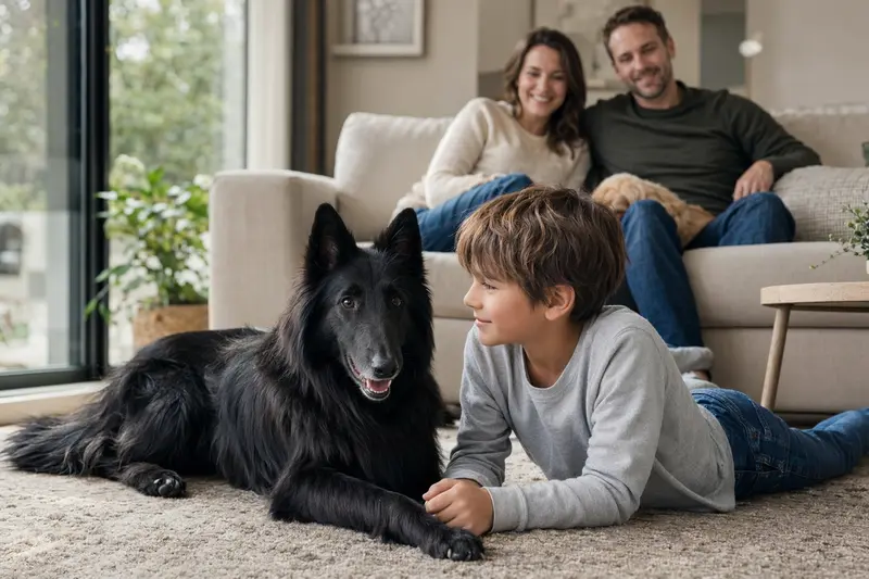 Ein freundlicher Groenendael Hund liegt entspannt neben einem Kind im Wohnzimmer, während die Eltern im Hintergrund eine sichere Familienatmosphäre schaffen.