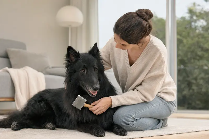 Ein Groenendael Hund wird in einer hellen Wohnung liebevoll gebürstet und gepflegt.