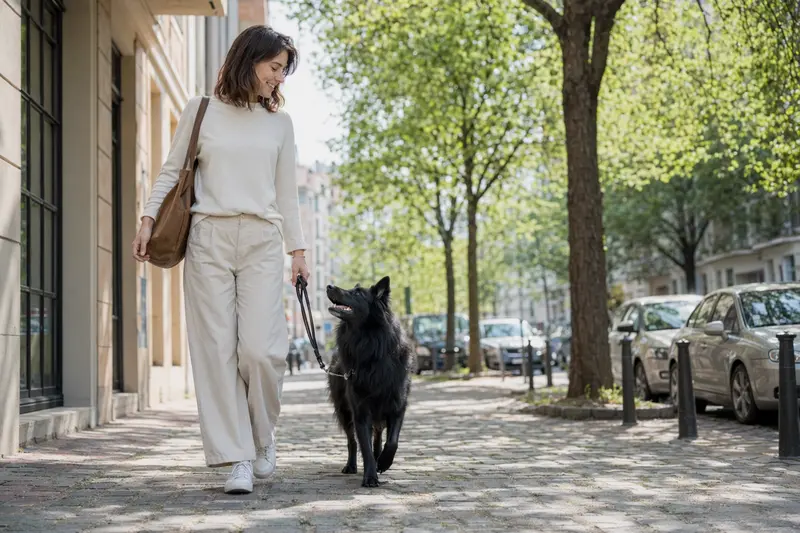 Ein Groenendael Hund läuft an der Leine mit seinem Besitzer durch eine freundliche moderne Stadtstraße.