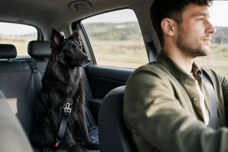 Ein Groenendael Hund ist sicher angeschnallt auf der Rückbank eines Autos, während der Besitzer ruhig fährt.