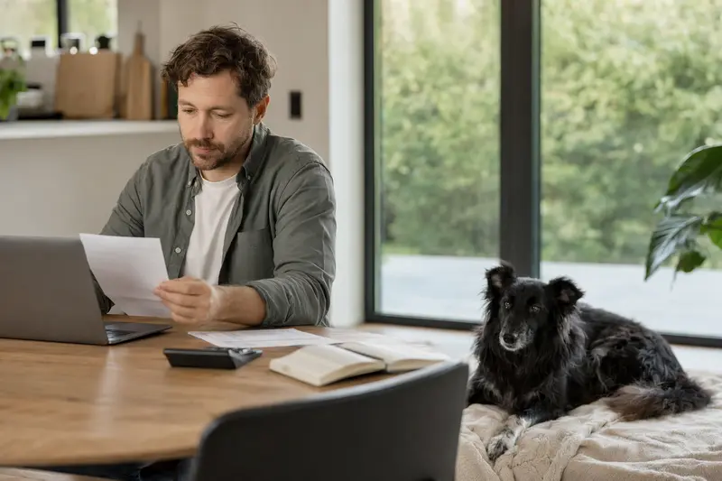 Ein Hundebesitzer sitzt mit einer Tierarztrechnung am Tisch, während ein entspannter Groenendael auf einer Decke liegt und das Thema Tierarztkosten für Hunde ruhig vermittelt wird.
