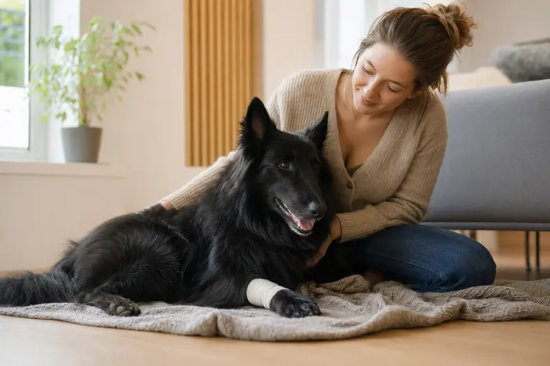 Ein Groenendael Hund mit leichtem Verband an der Pfote liegt entspannt auf einer Decke, während sein Besitzer neben ihm sitzt und sich um ihn kümmert.
