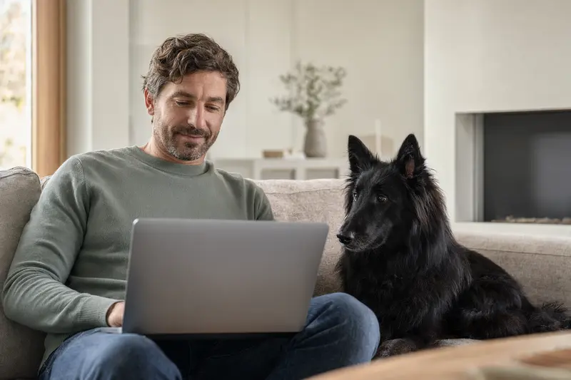 Ein Hundebesitzer sitzt entspannt mit einem Laptop auf dem Sofa, während ein Groenendael Hund neben ihm liegt.