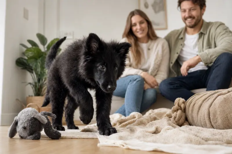 Ein neugieriger Groenendael Welpe entdeckt sein neues Zuhause mit weicher Decke und liebevoller Familie im Hintergrund.