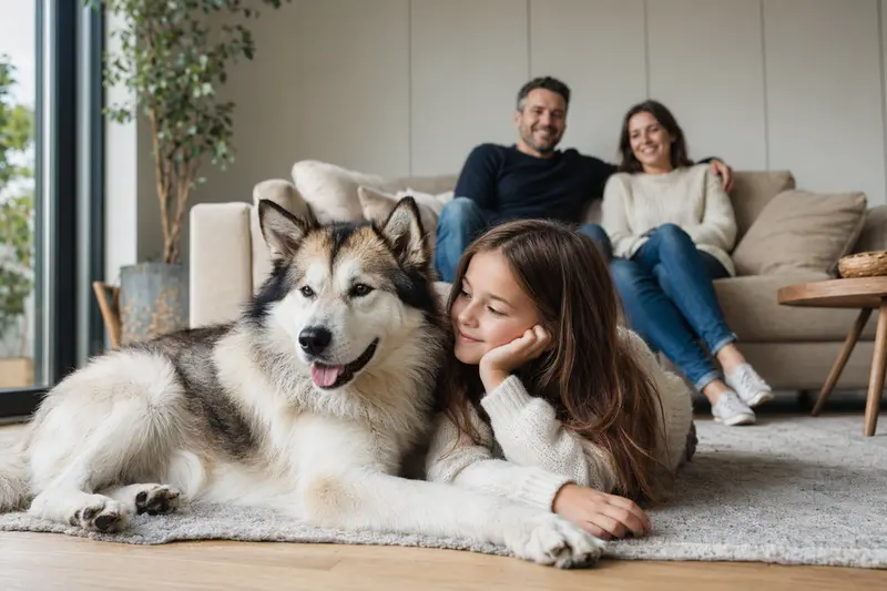 Ein freundlicher Grönlandhund liegt entspannt neben einem Kind im hellen Wohnzimmer, während die Eltern im Hintergrund eine sichere Familienatmosphäre schaffen.