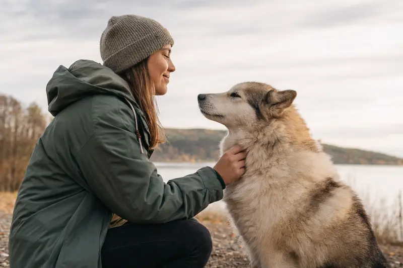 Ein aufmerksam stehender Grönlandhund vor hellem Hintergrund zeigt die typische Körperform und Fellstruktur der Rasse in einem realistischen Tierportrait.