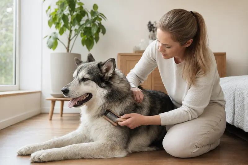 Ein Grönlandhund wird in einer hellen Wohnung sanft gebürstet, während sein Besitzer sich liebevoll um die Fellpflege kümmert.