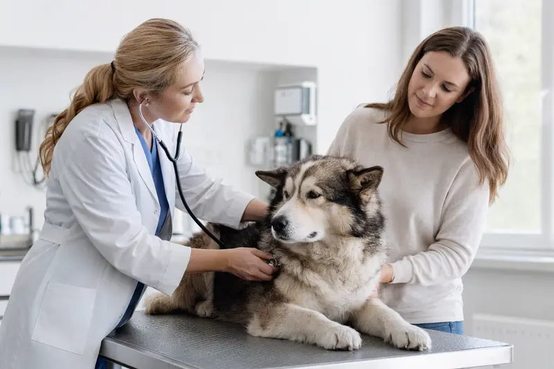 Eine freundliche Tierärztin untersucht einen ruhigen Grönlandhund auf einem Untersuchungstisch in einer modernen Tierarztpraxis.