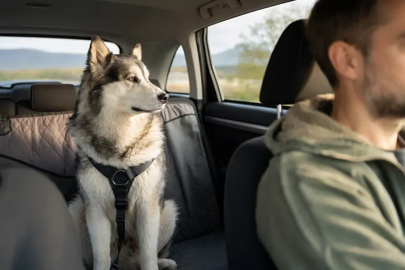 Ein Grönlandhund sitzt sicher angeschnallt auf der Rückbank eines Autos und genießt die Fahrt.