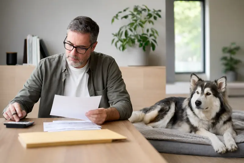 Ein Hundehalter sitzt mit Tierarztrechnung am Tisch, während ein entspannter Grönlandhund auf einer Decke liegt und das Thema Hundeversicherung ruhig veranschaulicht.