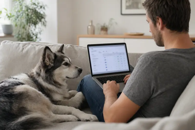 Ein Hundebesitzer arbeitet mit seinem Laptop auf dem Sofa, während ein Grönlandhund neben ihm sitzt, was das Thema Tierversicherung unterstützt.