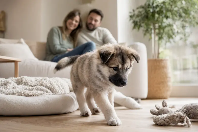 Ein junger Grönlandhund Welpe entdeckt neugierig sein neues Zuhause mit Familie im Hintergrund.