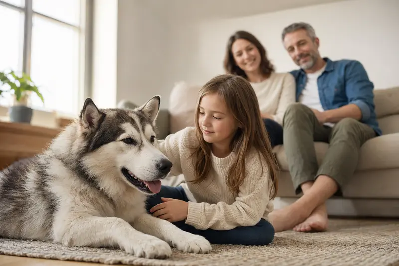 Ein freundlicher Grönlandhund liegt entspannt neben einem Kind im Wohnzimmer, während die Eltern im Hintergrund stehen.
