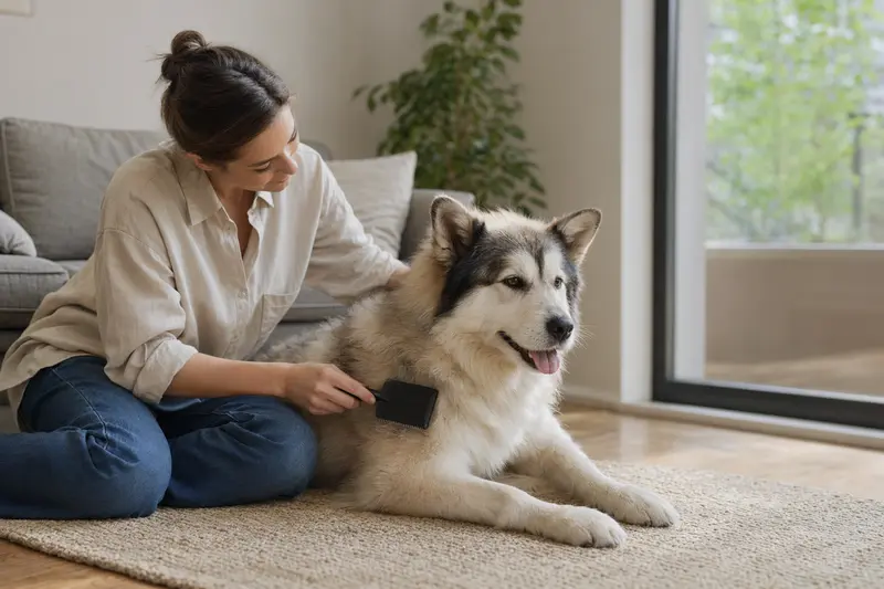 Ein Grönlandshund wird in einer hellen Wohnung liebevoll gebürstet und gepflegt, während der Besitzer ruhig auf Gesundheit und Fellpflege achtet.