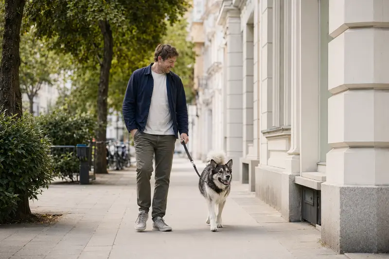 Ein Grönlandshund läuft an der Leine mit seinem Besitzer durch eine moderne Stadtstraße im Alltag.
