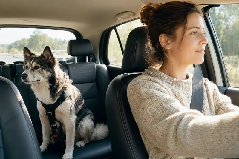 Ein Grönlandshund sitzt angeschnallt auf der Rückbank eines Autos, während der Besitzer fährt.