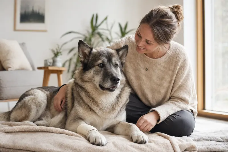 Ein Grönlandshund mit Verband an der Pfote liegt entspannt auf einer Decke neben seinem erleichterten Besitzer in einer hellen Wohnung.